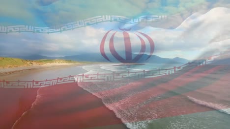 Digitale-Komposition-Der-Schwenkenden-Iranischen-Flagge-Vor-Der-Luftaufnahme-Des-Strandes-Und-Der-Meereswellen