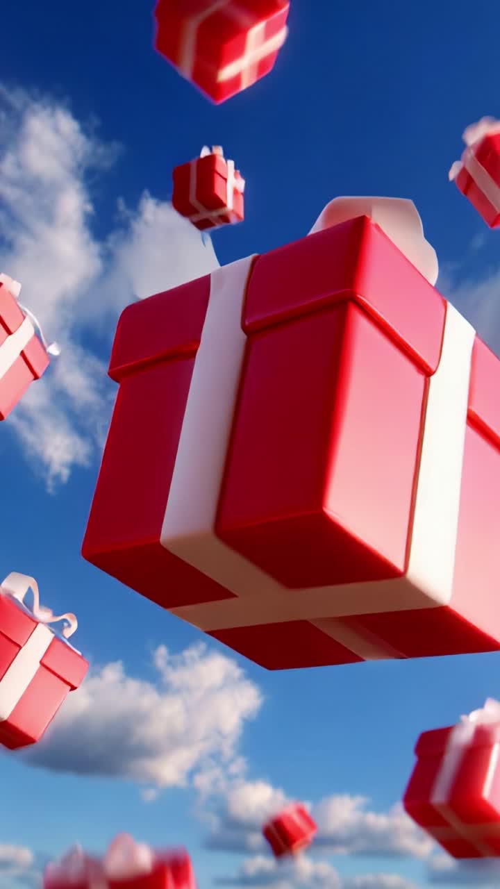 A mesmerizing view of festive gifts soaring against a brilliant blue sky, showcasing vibrant red and white present boxes as they float gracefully among soft, fluffy clouds, encapsulating the excitement of celebration