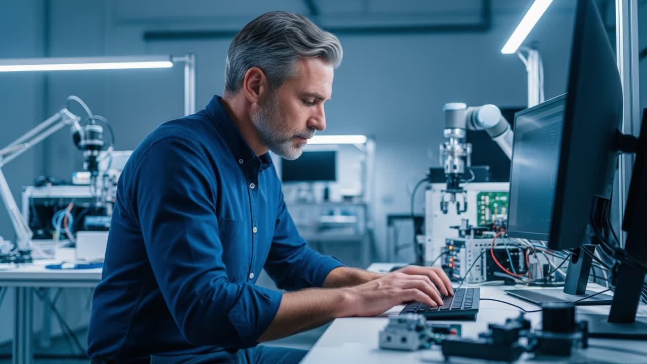 Focused Male Engineer Working on Electronic Components at High-Tech Laboratory, Utilizing Computer and Advanced Equipment for Precision Tasks