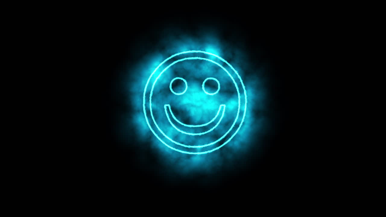 un emoji de cara sonriente escrito y revelado como neón en una fuente estilizada sobre un fondo oscuro y ahumado