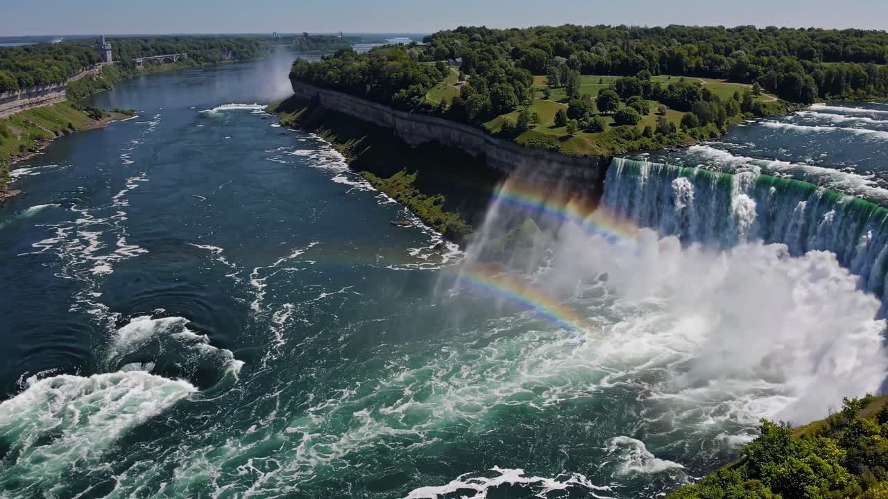 Aerial video captures a breathtaking view of a waterfall with vibrant rainbows, lush greenery