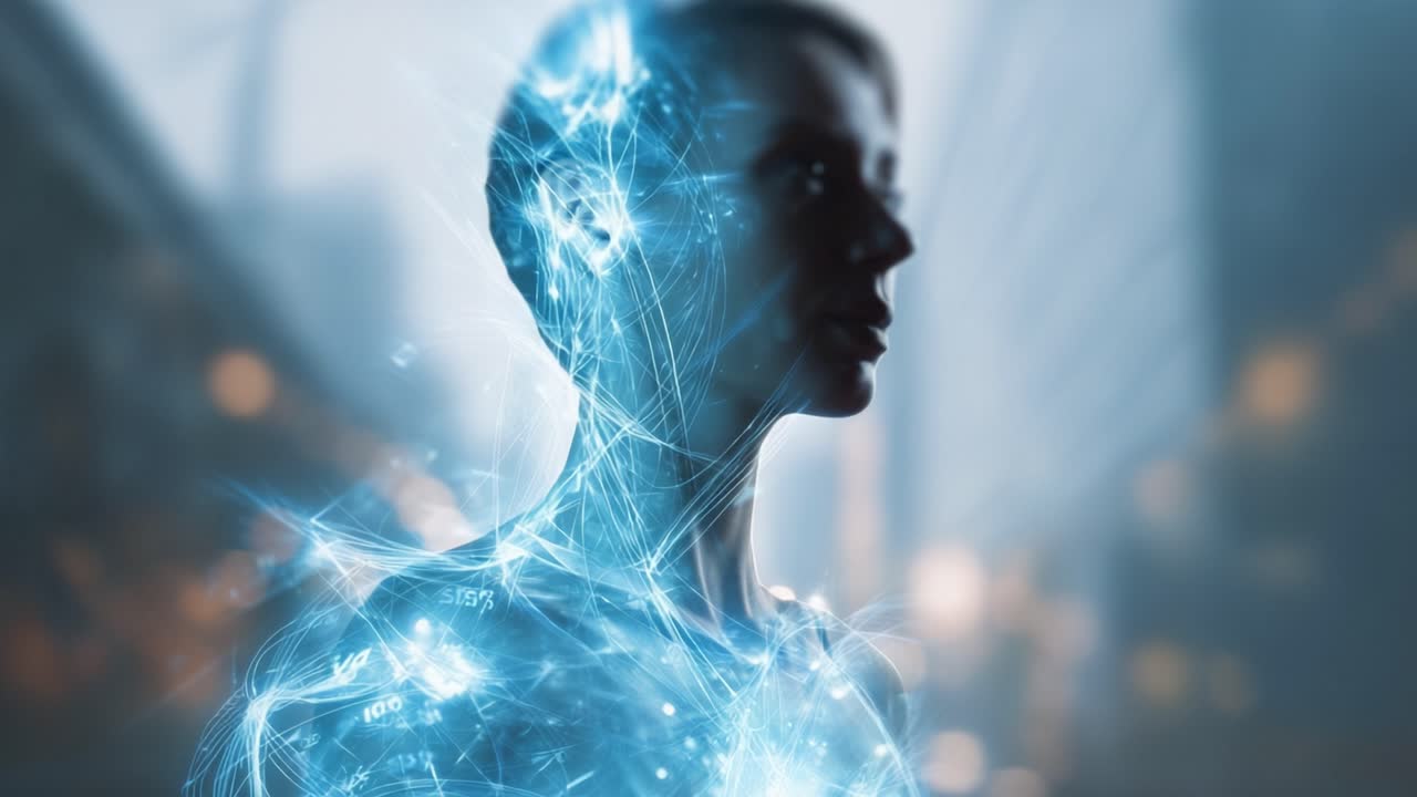 Un ritratto futuristico di una donna con motivi di dati luminosi intrecciati al suo corpo, che simboleggia la fusione di tecnologia e umanità nell'era digitale
