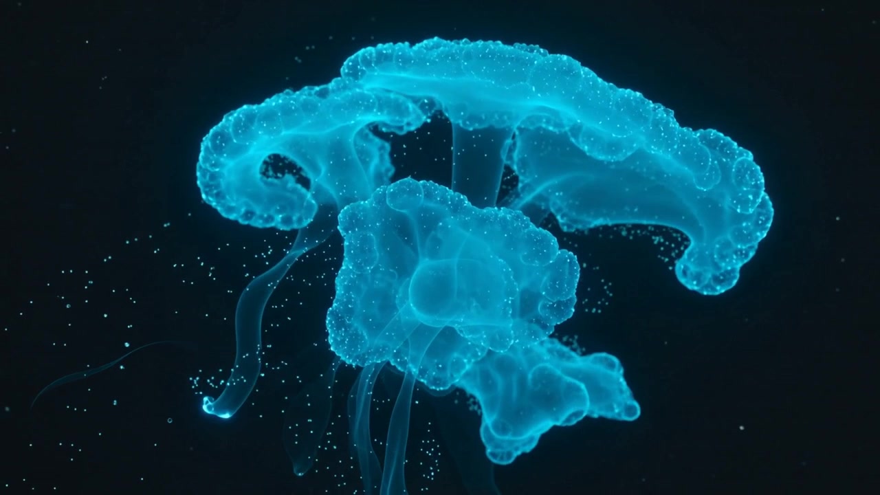 Grappolo di gelatina luminosa in crescita che dispiega i tentacoli, con cornici che avanzano nel vuoto e particelle che lasciano una scia.
