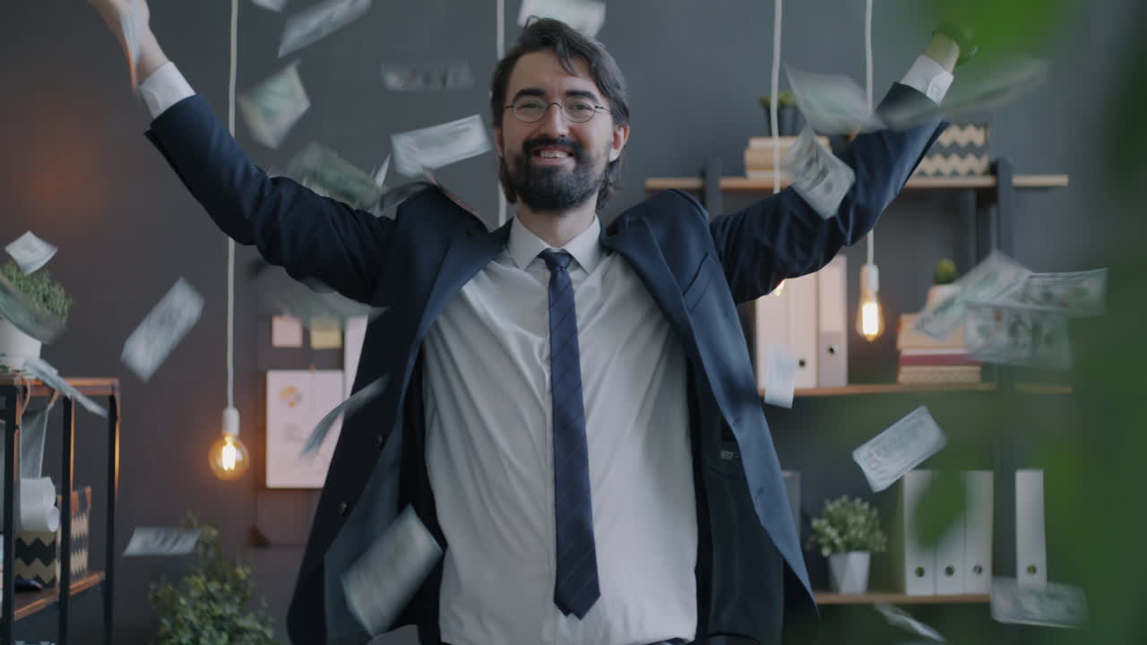 Businessman Celebrating Success with Money Rain