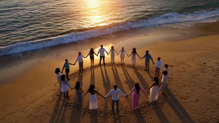 People Holding Hands in a Circle on the Beach at Sunset
