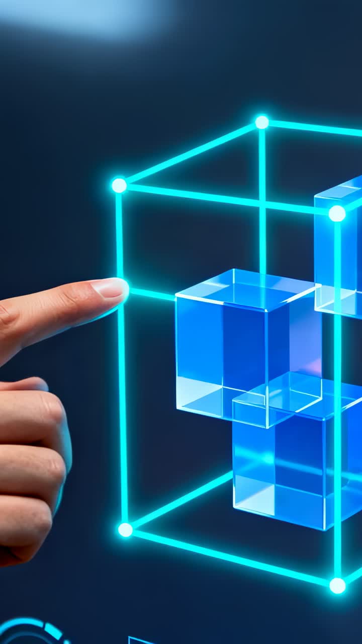 Vertical video: Swiping index finger activating lit cyan cube lattice at studio revealing modules