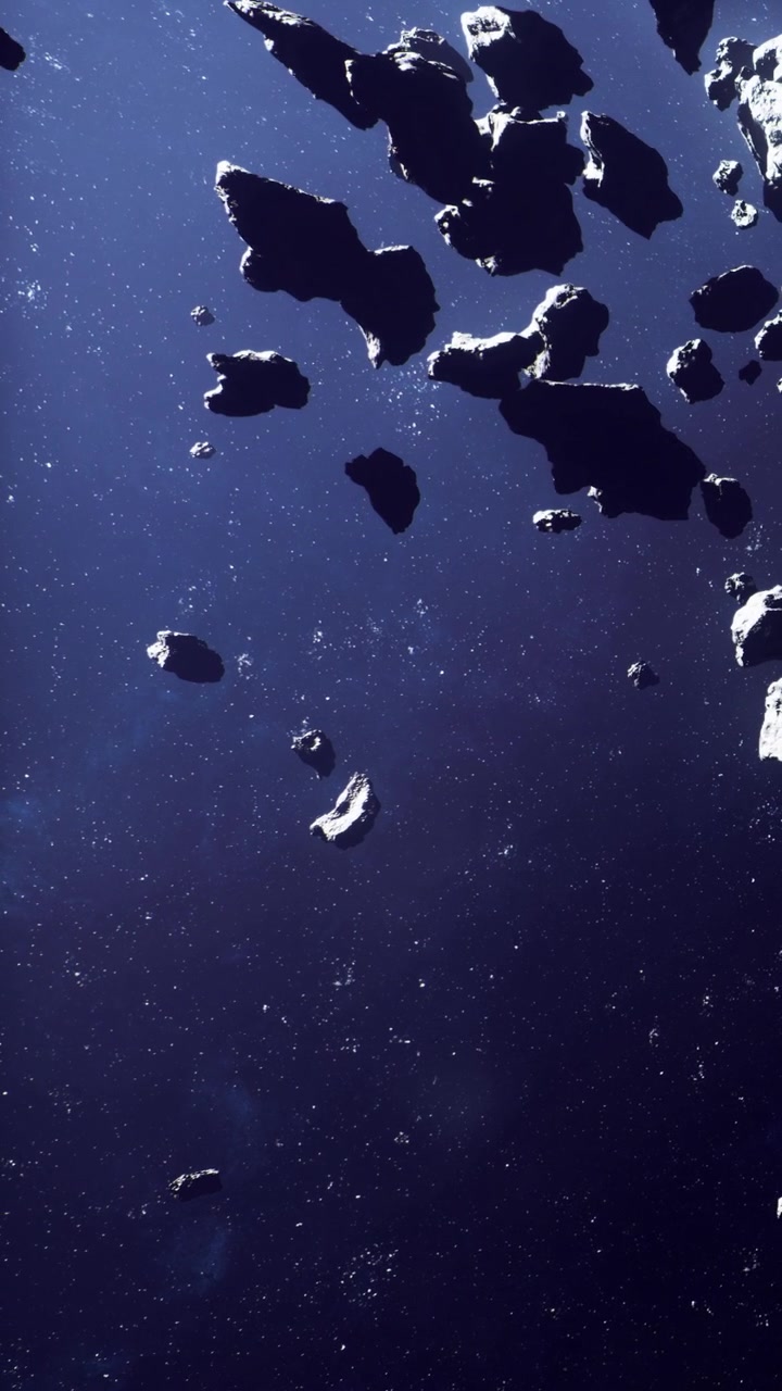 Asteroidi che fluttuano nello spazio profondo tra stelle e polvere cosmica di notte.