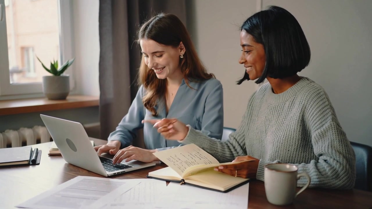 Due donne che digitano a un tavolo vicino alla finestra, indicando un laptop argentato e usando un quaderno giallo per la revisione