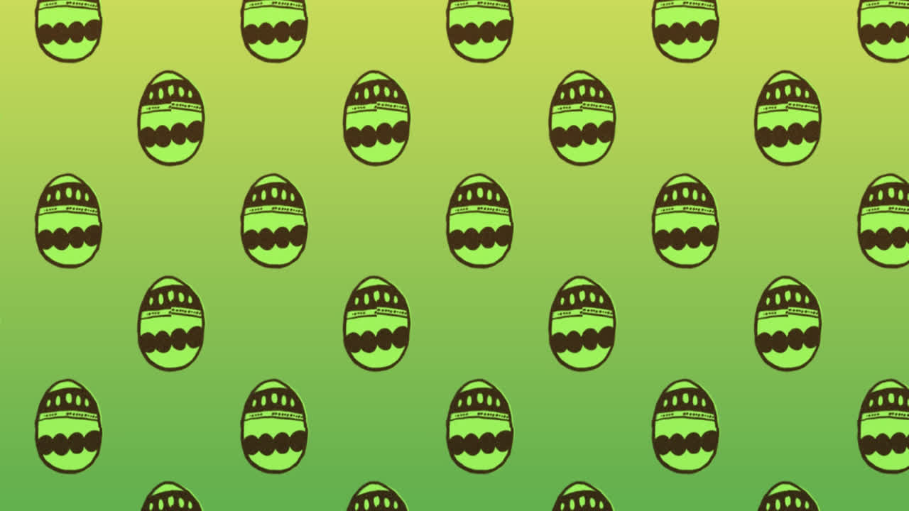 Animation of rows of decorated green and brown Easter eggs moving on green background