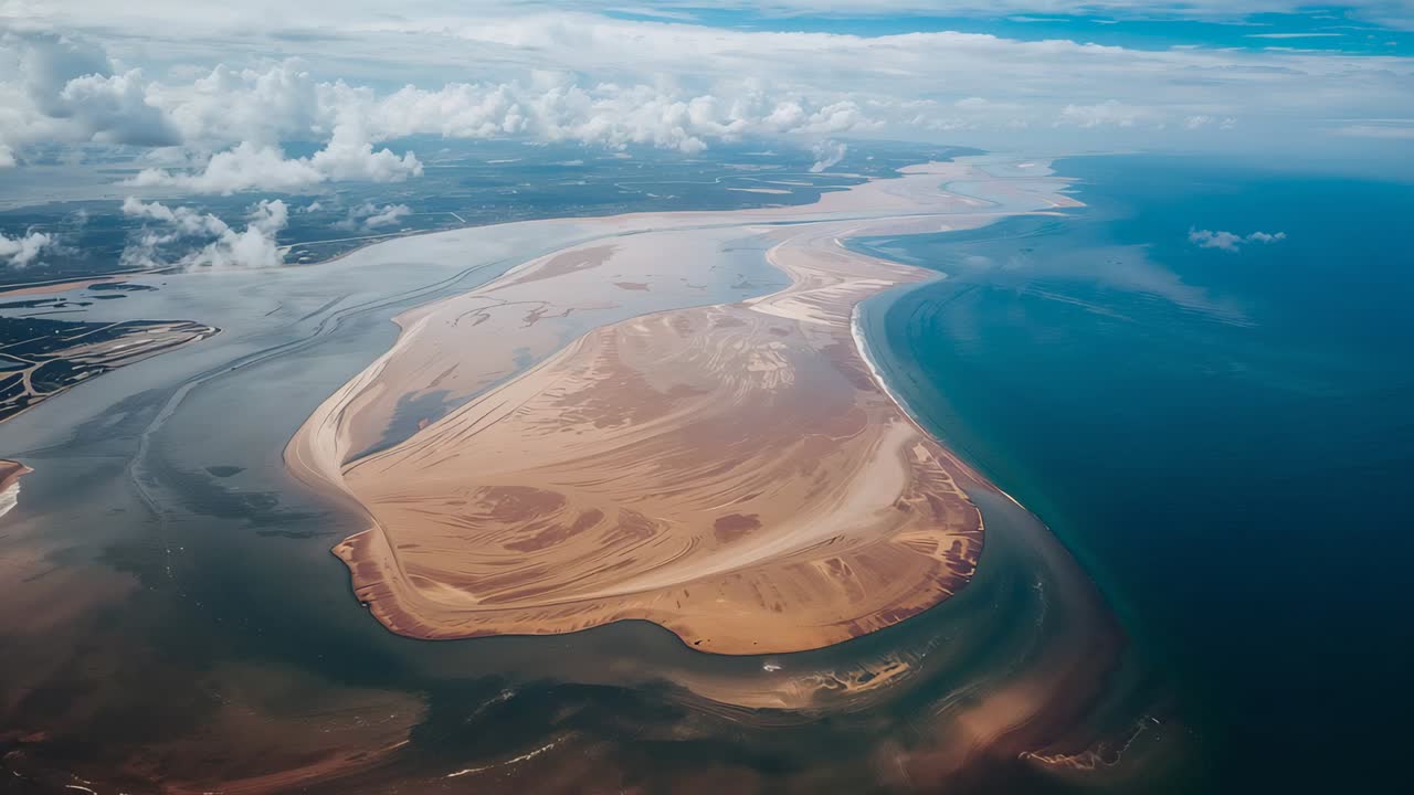 Drone in partenza che rivela banco di sabbia a forma di mezzaluna e canali di marea sull'estuario, nuvole