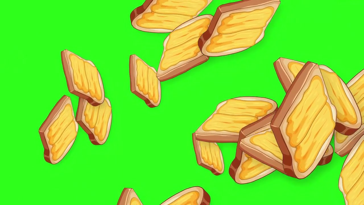 Cartoon buttered toast slices fall and tumble through the air against a green screen.