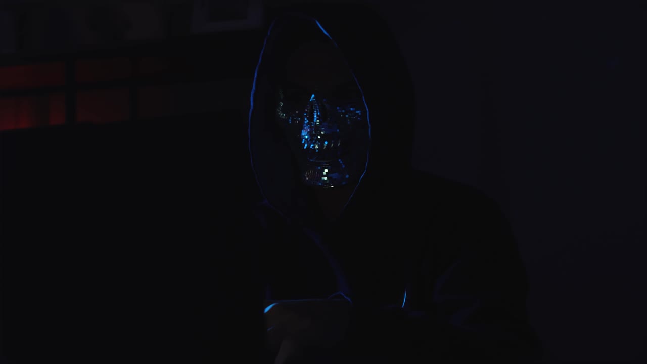 Anonymous Hacker in Hoodie and Mask at Night Typing on Keyboard – Concept of Malware, Fraud, Spyware, and Data Intrusion