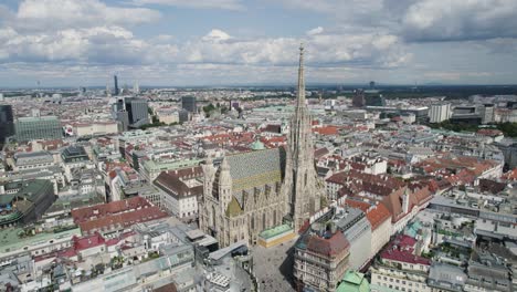 aerial view of st. stephen's cathedral in vienna with surrounding cityscape, orbit around ornate tiled roof
