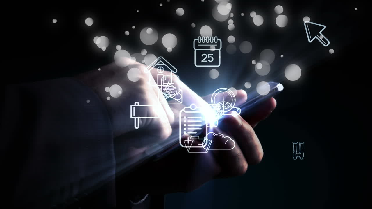 Animation of digital icons and white spots of light over man using smartphone