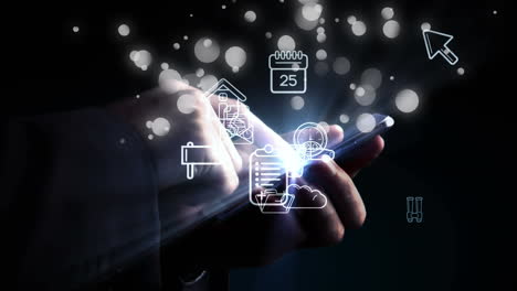 animación de iconos digitales y puntos blancos de luz sobre el hombre usando un teléfono inteligente