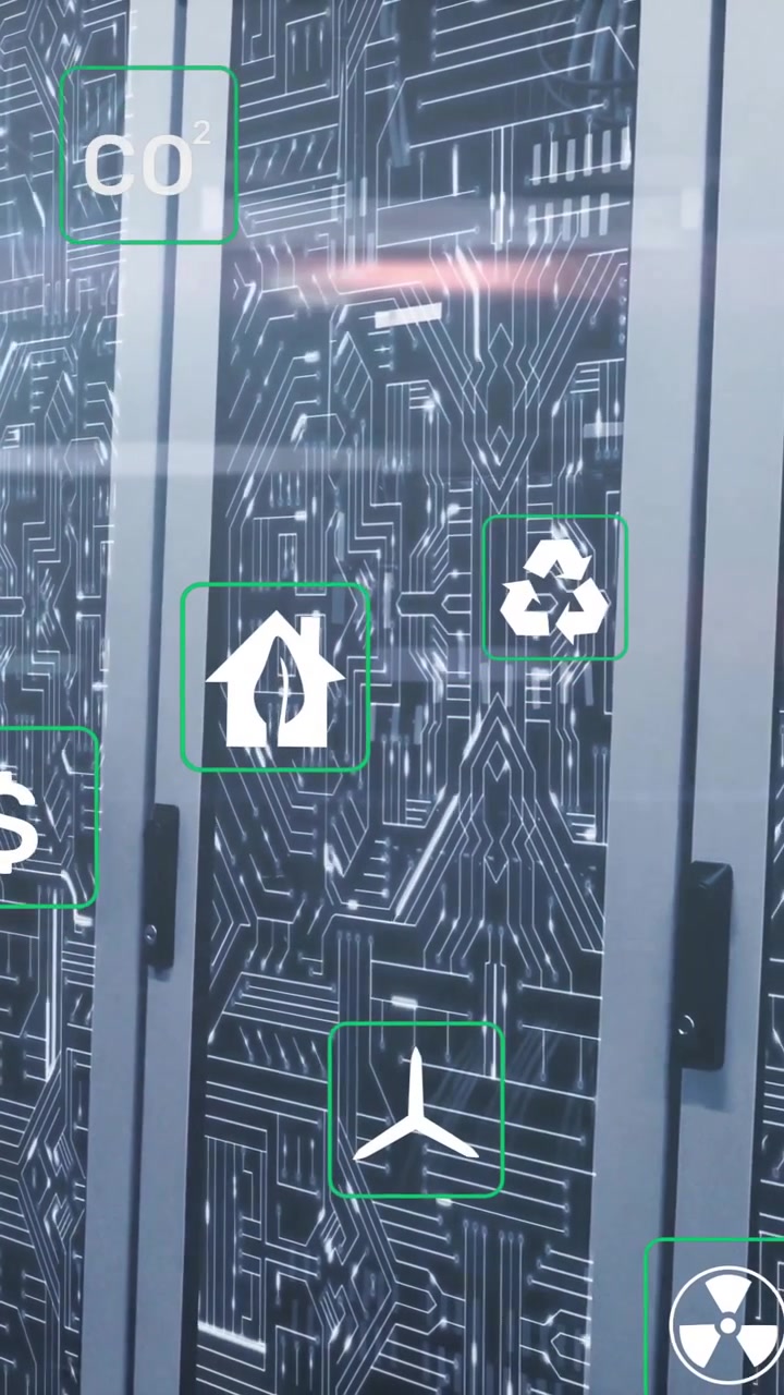Animation of eco icons and digital data processing over computer servers