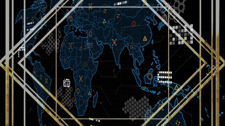 Animation of world map with data points on digital grid background
