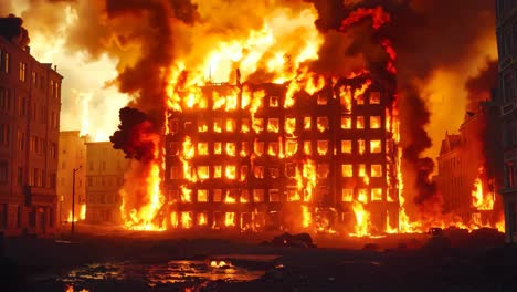 a large building is engulfed by flames in the middle of a city