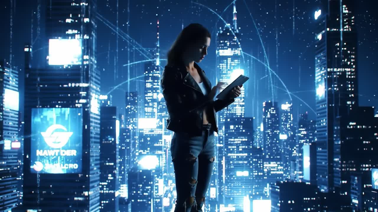 A woman stands in a dynamic urban landscape, holding a device while surrounded by digital connections and glowing city lights, symbolizing technology and innovation