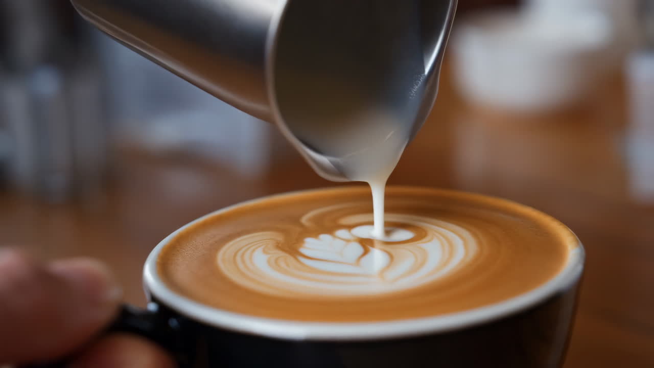 Barista pouring milk for latte art in a coffee cup