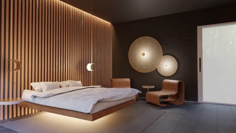 disparo de un dormitorio moderno con iluminación de fondo y pared de madera, disparo panorámico