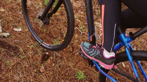 Nahaufnahme-Eines-Mountainbikers,-Der-Im-Wald-Fährt