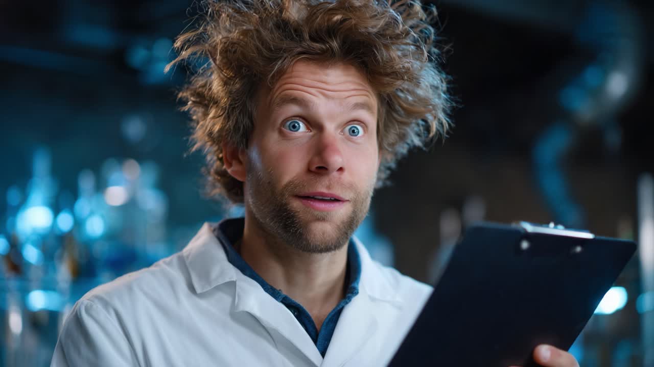 A Surprised Scientist Observes Groundbreaking Research Findings in a Lab: Expression of Awe and Curiosity Revealed in Dynamic Laboratory Environment
