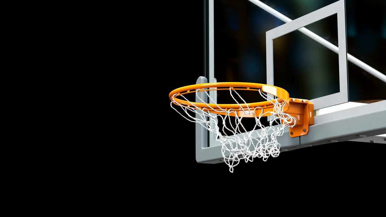 Beautiful Basketball Ball Hits Basket Net Slow Motion Close-up Camera Fly. Ball Flies Spinning into Basketball Hoop Black and Green Screen. Sport Concept. 3d Animation Alpha Matte 4k UHD 3840x2160.