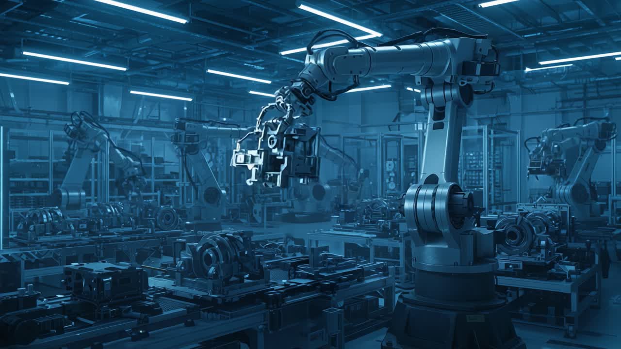 A Futuristic Industrial Scene Featuring Advanced Robotic Arms Engaged in Precision Manufacturing Tasks Within a High-Tech Factory Environment