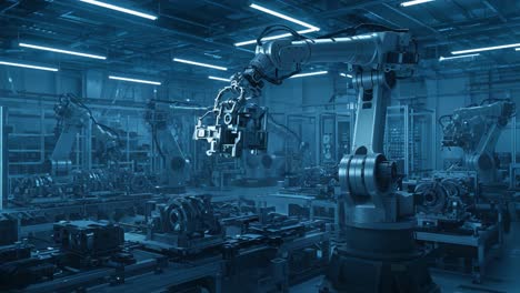 a futuristic industrial scene featuring advanced robotic arms engaged in precision manufacturing tasks within a high-tech factory environment