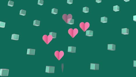 Animation-of-hearts-over-shapes-on-green-background