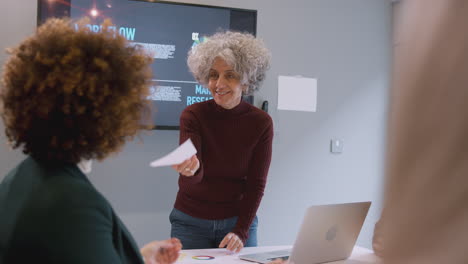 mature businesswoman leading creative meeting of women collaborating around table in modern office