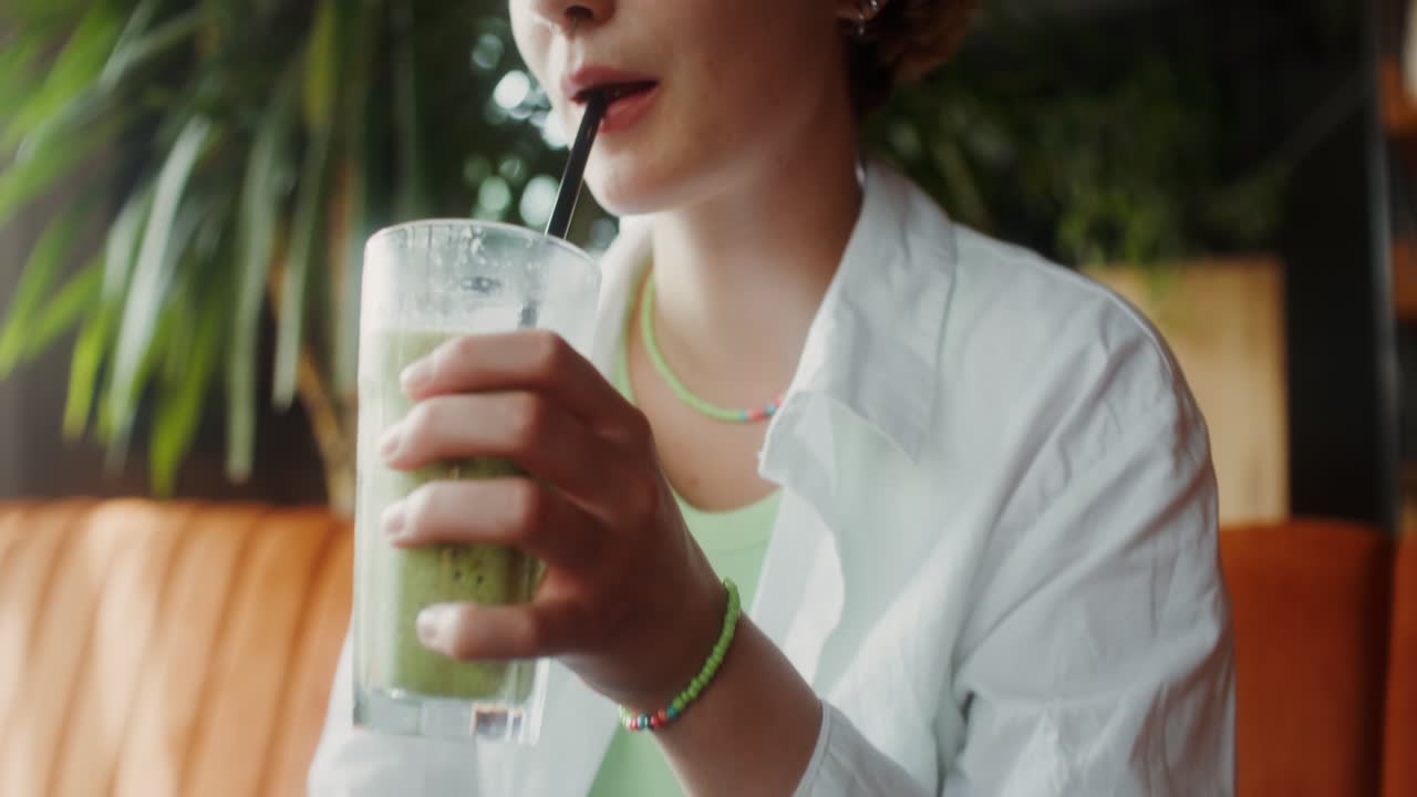 una mujer joven disfrutando de un batido en un café.
