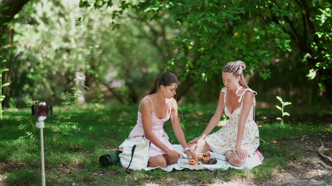 두 여인이 공원에서 피크닉을 하고 있다.