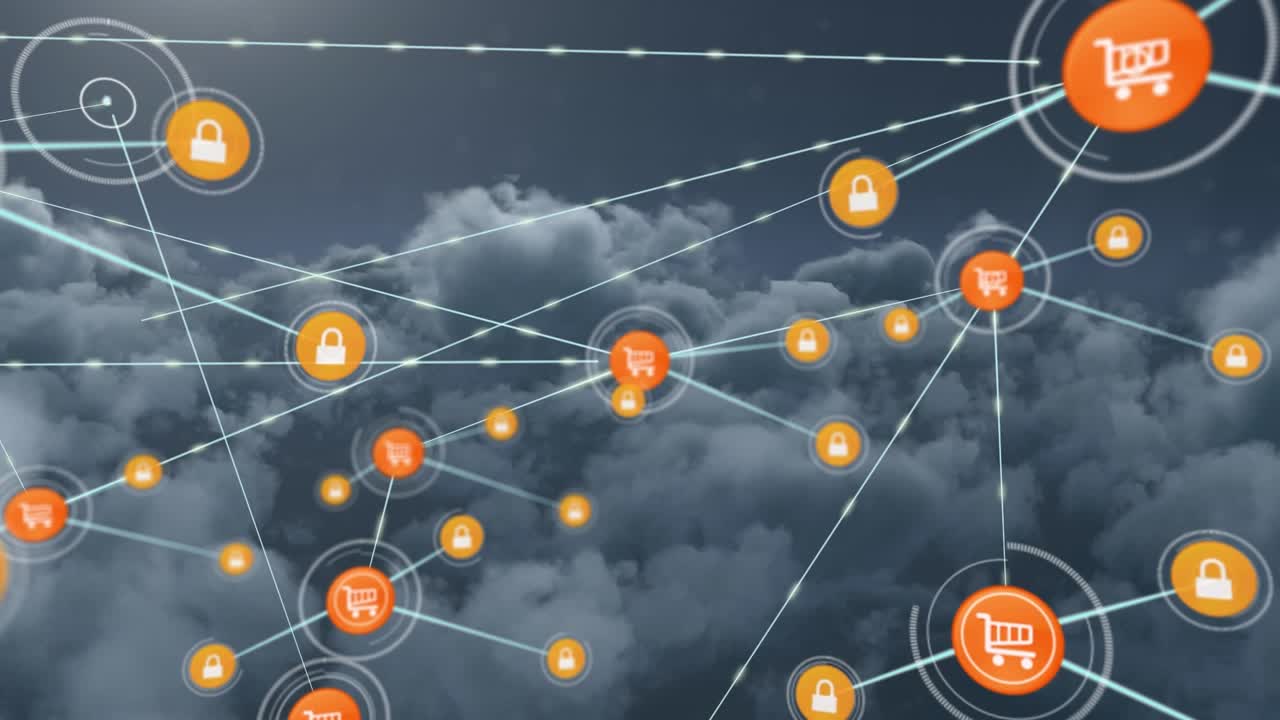 Animazione di rete di connessioni con icone su nuvole