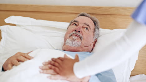 old man, bed support or caregiver talking