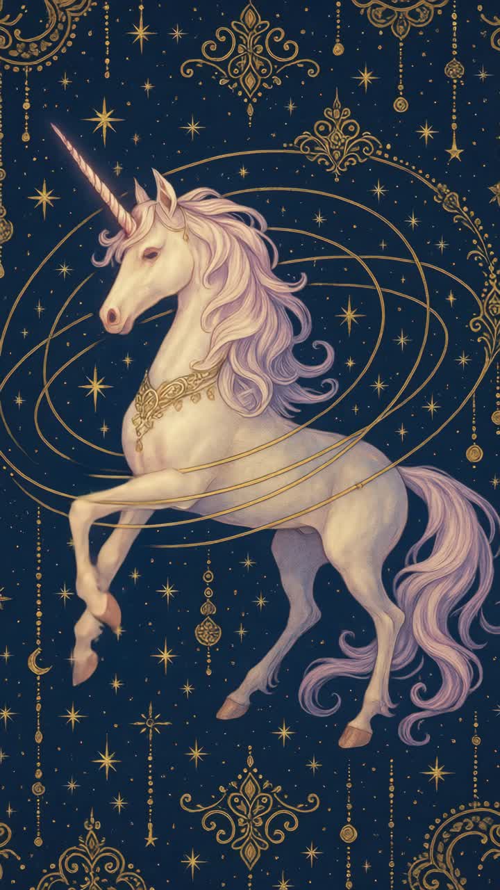 Elegant unicorn in a celestial design with gold accents. Side angle captures the mystical aura