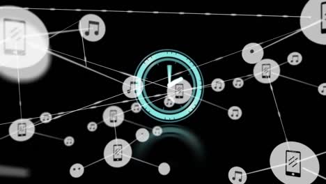 animación de la red de conexiones con iconos sobre un reloj en movimiento sobre fondo negro