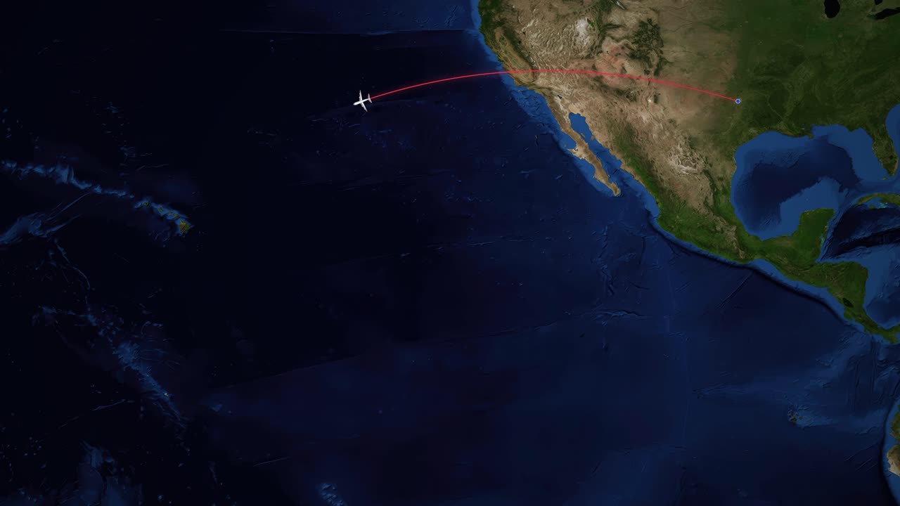 Animated airplane icon travels red flight path from Dallas to Honolulu on satellite map