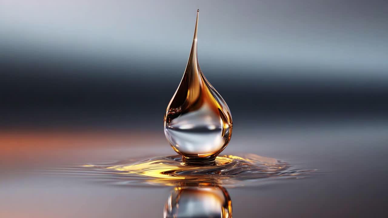 A mesmerizing droplet of liquid formed in a perfect teardrop shape, reflecting light in stunning clarity as it hovers just above a tranquil surface, creating a striking visual impact