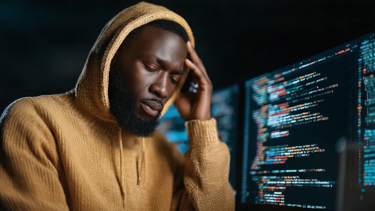 Focused Programmer in a Hoodie Deep in Thought Analyzing Code on Computer Screens, Highlighting the Challenges of Software Development and Debugging Processes