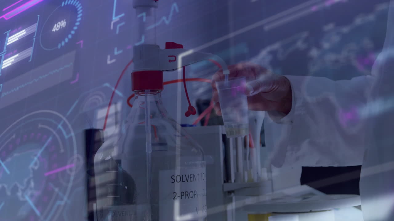 Laboratory scene with scientist handling equipment over digital data animation