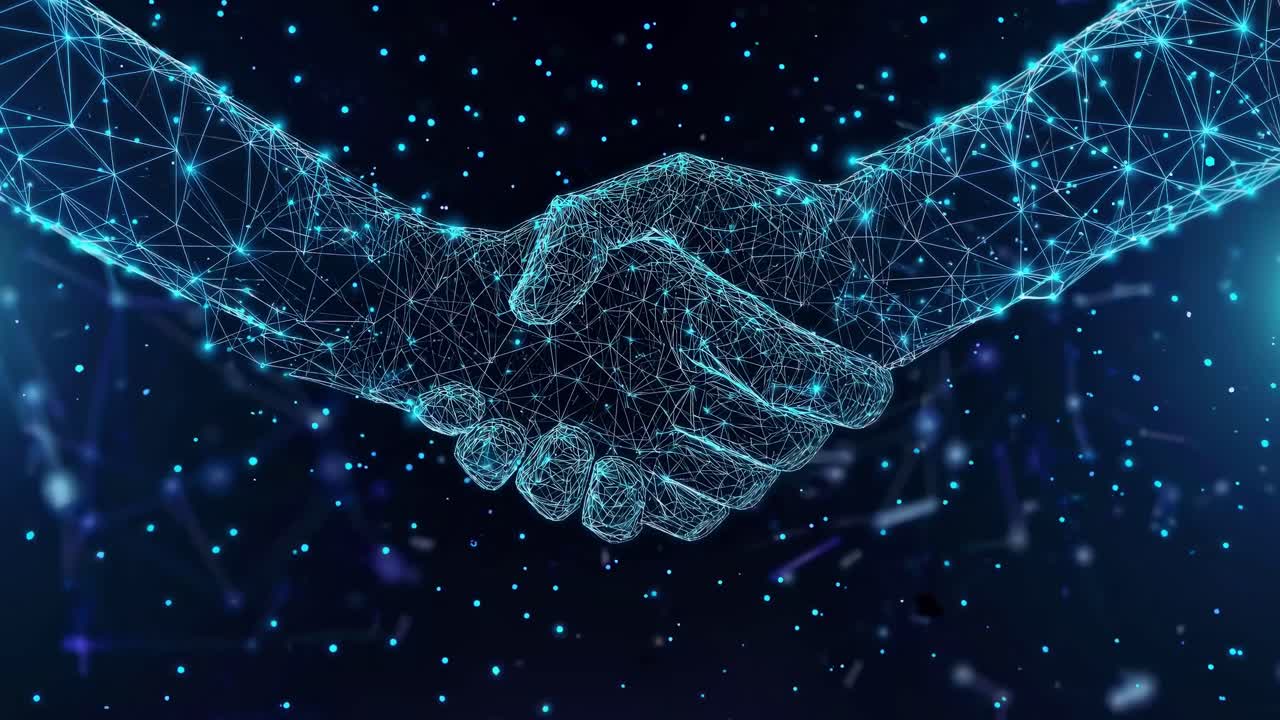 Digital handshake concept with a futuristic style, showcasing interconnected networks