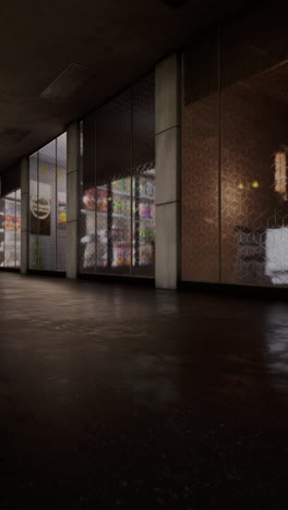 dark and empty hallway with store fronts