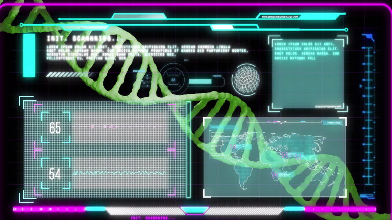 animación de la cadena de adn sobre el procesamiento de datos en fondo negro