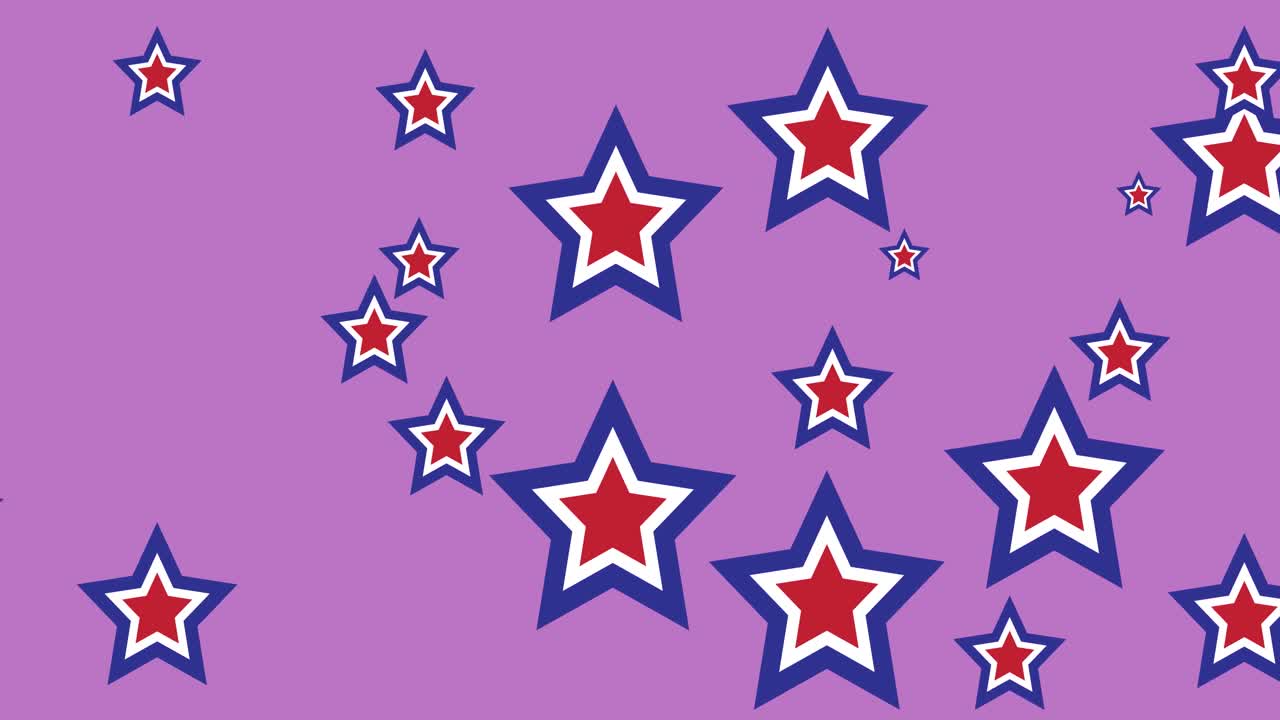 animación de estrellas de color de la bandera estadounidense que se mueven sobre un fondo rosa