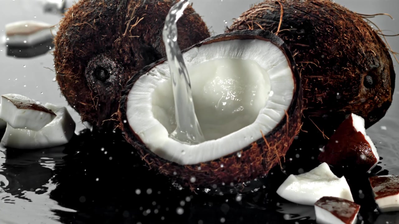 Slow Motion Water Pouring into a Fresh Coconut Half
