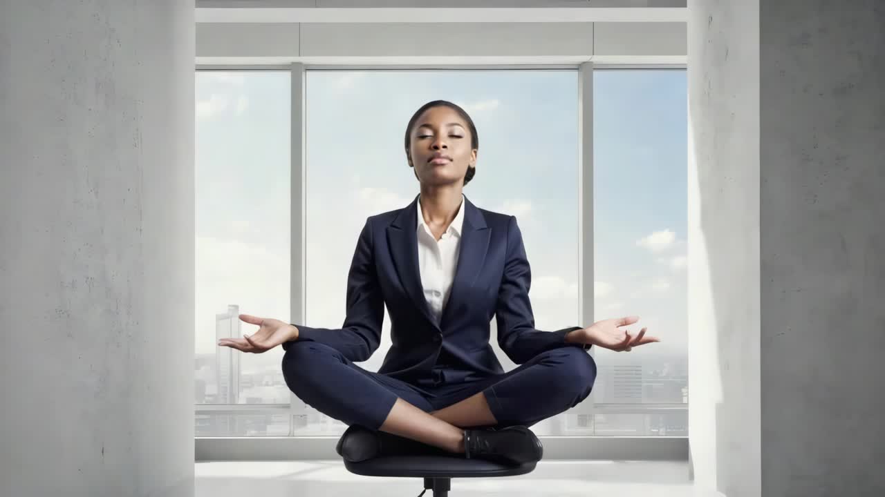 Businesswoman Meditating in Office for Stress Relief