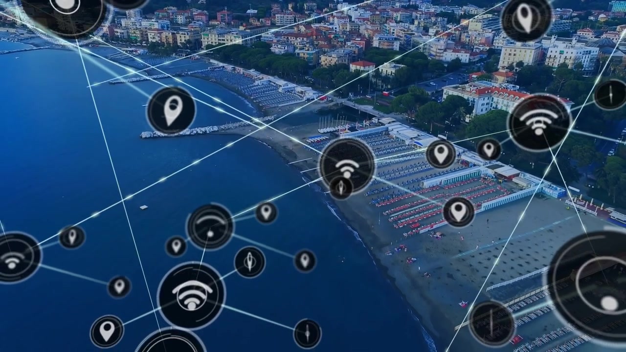 Animation eines Netzwerks von Verbindungen mit Symbolen über einem Globus