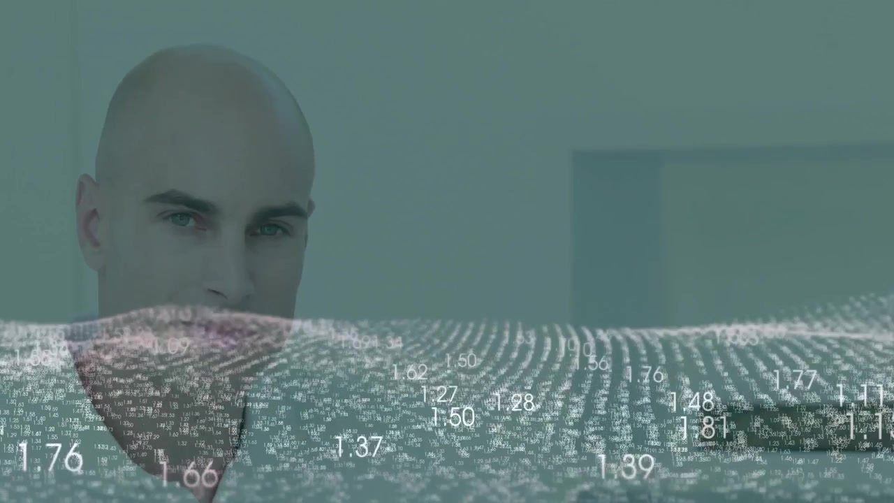 Man analyzing 3D numerical wave in technology office workspace, with floating data visualization
